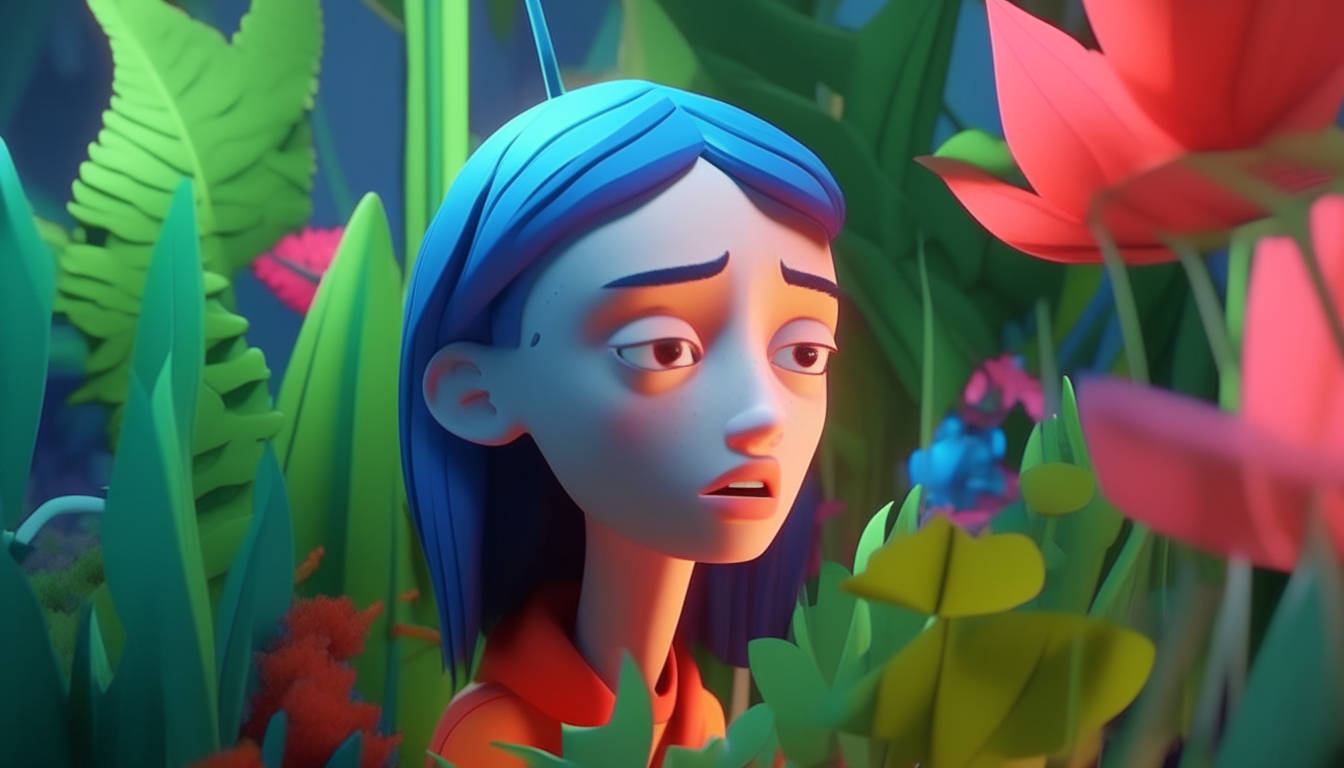 kids animation, personality: [Contrastingly, show Anaya struggling with her own garden. She is shown trying different methods to make the plants grow, including watering, fertilizing, and even talking to them. However, the plants still look wilted and weak. Anaya's expression shows frustration and disappointment] unreal engine, hyper real --q 2 --v 5.2 --ar 16:9