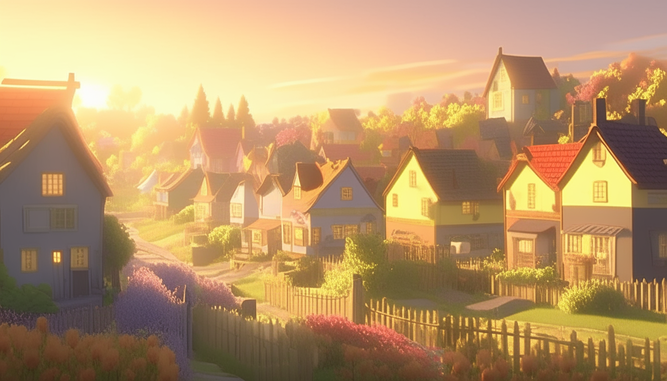 kids animation, personality: [Illustrate a wide shot of the enchanting village of Harmony Haven, with colorful houses and blooming flowers in every corner. The sun is shining brightly, casting a warm and inviting glow over the village. The atmosphere is serene and peaceful, setting the stage for the story to unfold] unreal engine, hyper real --q 2 --v 5.2 --ar 16:9