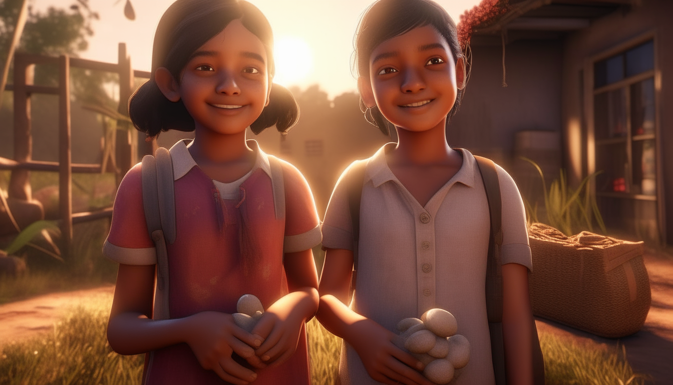 kids animation, personality: [Show Leela and Anaya, two young sisters, standing in their backyard. They are filled with excitement and curiosity as their father hands them each a bag of seeds. Their faces are beaming with anticipation as they hold the bags tightly in their hands] unreal engine, hyper real --q 2 --v 5.2 --ar 16:9