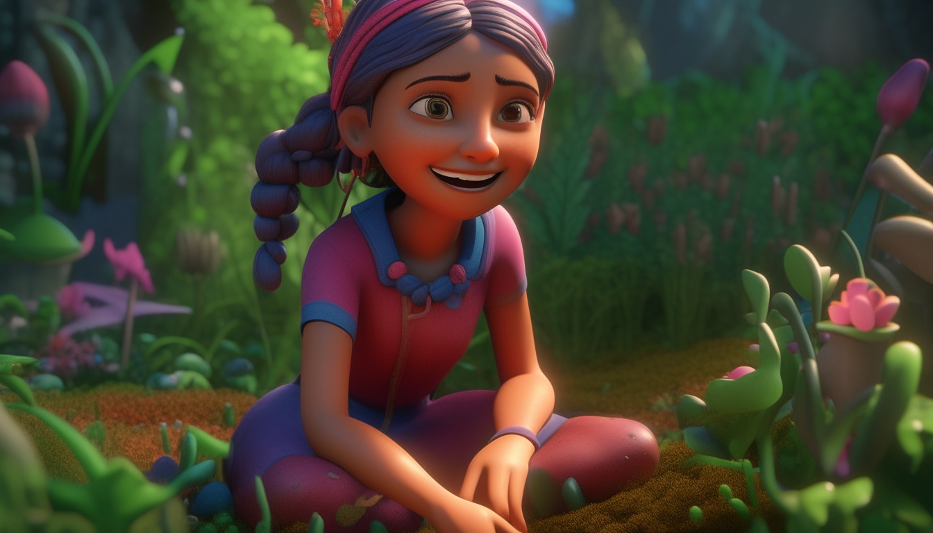 kids animation, personality: [Illustrate a time-lapse sequence of Leela planting the seeds in her garden. The camera pans around her as she carefully digs holes, places the seeds, and covers them with soil. The scene is filled with energy and motion, showcasing Leela's determination and love for gardening] unreal engine, hyper real --q 2 --v 5.2 --ar 16:9