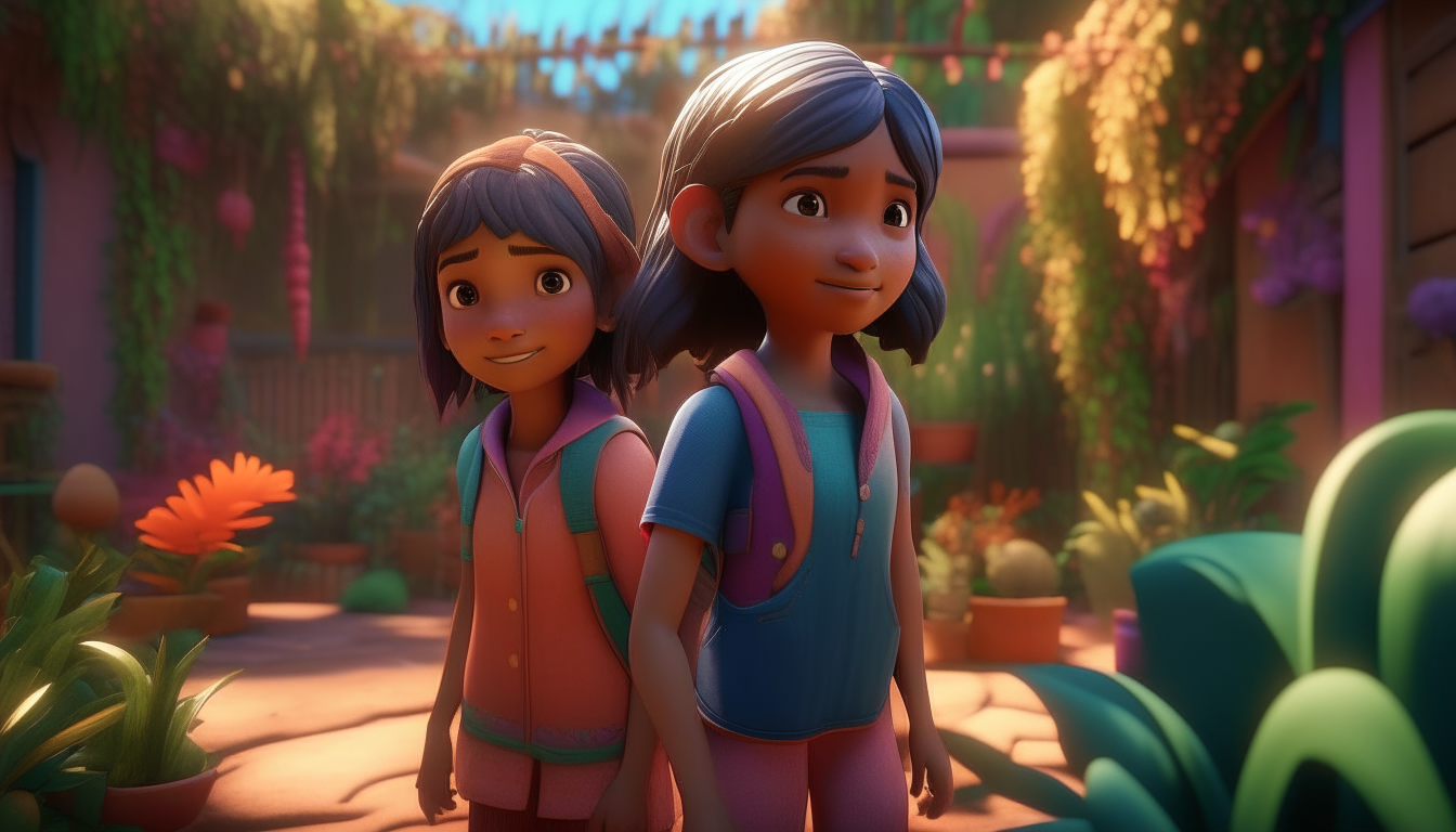 kids animation, personality: [Show Leela and Anaya, two young sisters, standing in their backyard. They are filled with excitement and curiosity as their father hands them each a bag of seeds. Their faces are beaming with anticipation as they hold the bags tightly in their hands] unreal engine, hyper real --q 2 --v 5.2 --ar 16:9