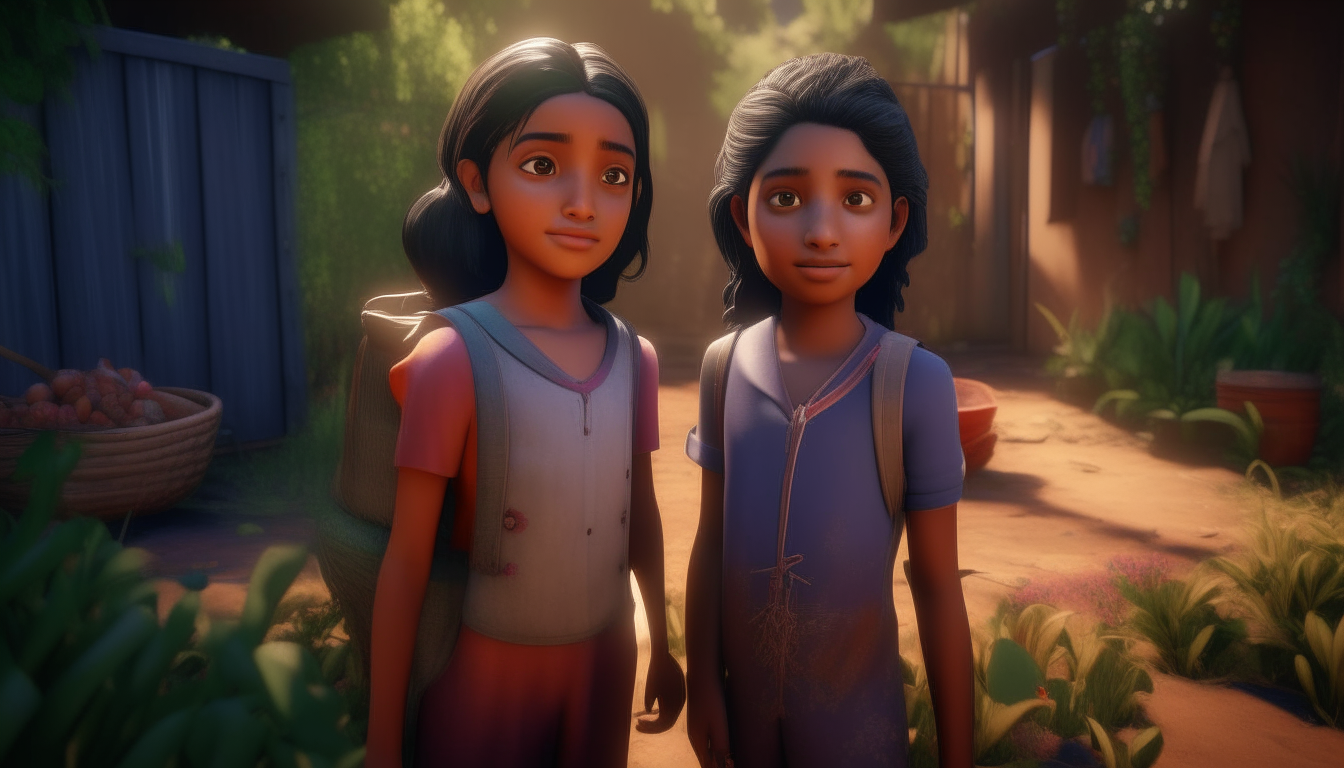 kids animation, personality: [Show Leela and Anaya, two young sisters, standing in their backyard. They are filled with excitement and curiosity as their father hands them each a bag of seeds. Their faces are beaming with anticipation as they hold the bags tightly in their hands] unreal engine, hyper real --q 2 --v 5.2 --ar 16:9