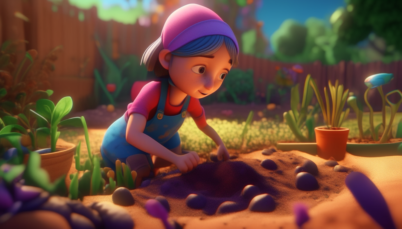 kids animation, personality: [Illustrate a time-lapse sequence of Leela planting the seeds in her garden. The camera pans around her as she carefully digs holes, places the seeds, and covers them with soil. The scene is filled with energy and motion, showcasing Leela's determination and love for gardening] unreal engine, hyper real --q 2 --v 5.2 --ar 16:9