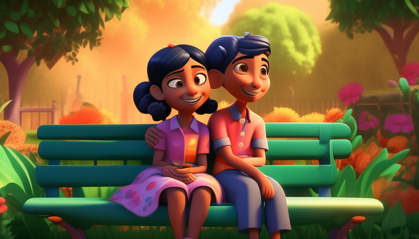 kids animation, personality: [Capture a heartwarming moment between Leela and Anaya as they sit together on a bench in their garden. Leela has a gentle smile on her face as she places a hand on Anaya's shoulder, offering support and encouragement. Anaya's expression begins to change, showing a glimmer of hope and determination] unreal engine, hyper real --q 2 --v 5.2 --ar 16:9