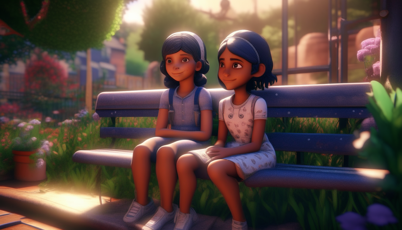 kids animation, personality: [Capture a heartwarming moment between Leela- a girl and Anaya- a girl as they sit together on a bench in their garden. Leela has a gentle smile on her face as she places a hand on Anaya's shoulder, offering support and encouragement. Anaya's expression begins to change, showing a glimmer of hope and determination] unreal engine, hyper real --q 2 --v 5.2 --ar 16:9