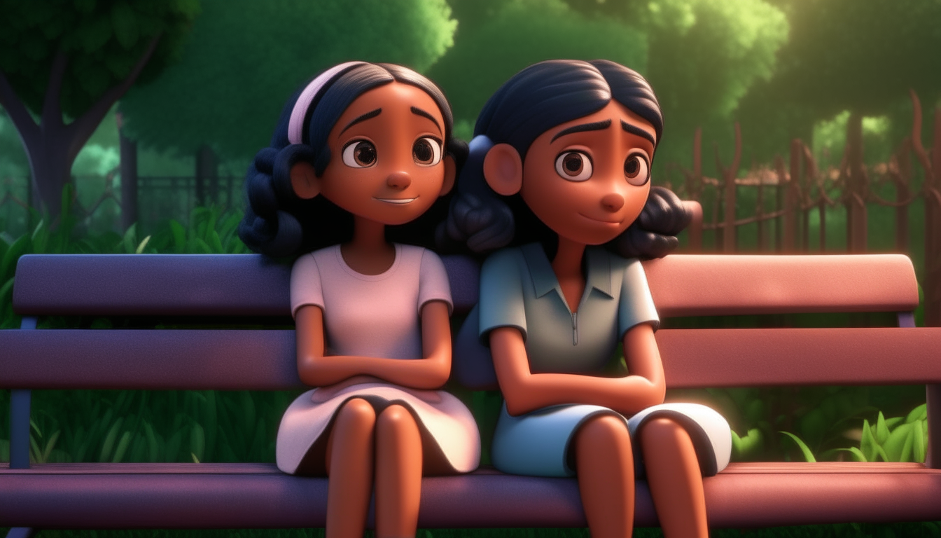 kids animation, personality: [Capture a heartwarming moment between Leela - a girl and Anaya- a girl as they sit together on a bench in their garden. Leela has a gentle smile on her face as she places a hand on Anaya's shoulder, offering support and encouragement. Anaya's expression begins to change, showing a glimmer of hope and determination] unreal engine, hyper real --q 2 --v 5.2 --ar 16:9
