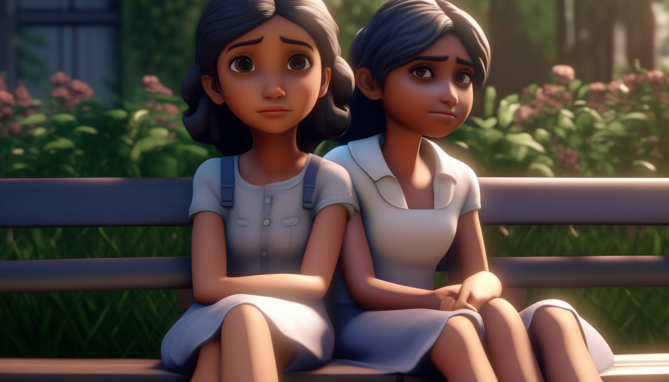 kids animation, personality: [Capture a heartwarming moment between Leela- a gril  and Anaya-a  girl (Both are sisters)  as they sit together on a bench in their garden. Leela has a gentle smile on her face as she places a hand on Anaya's shoulder, offering support and encouragement. Anaya's expression begins to change, showing a glimmer of hope and determination] unreal engine, hyper real --q 2 --v 5.2 --ar 16:9