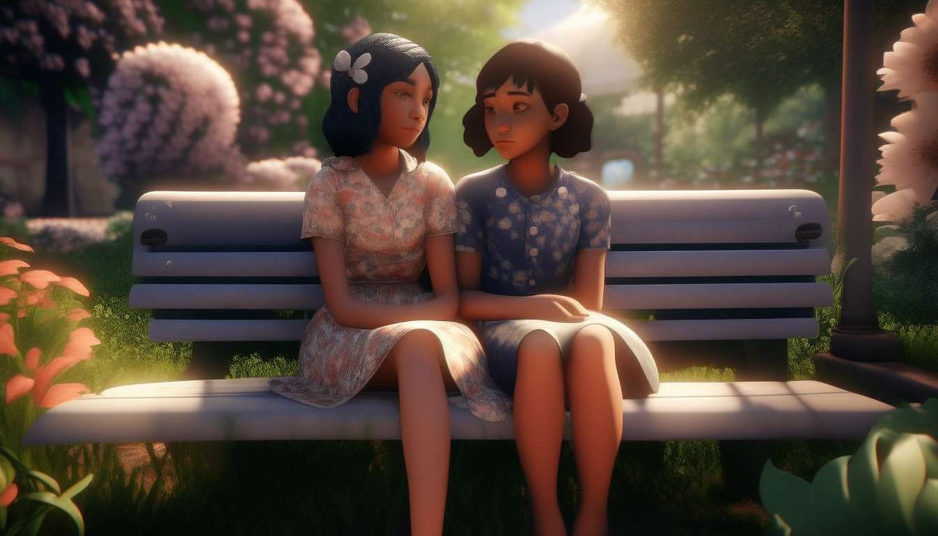 Capture a heartwarming moment between Leela- a gril  and Anaya-a  girl (Both are sisters)  as they sit together on a bench in their garden. Leela has a gentle smile on her face as she places a hand on Anaya's shoulder, offering support and encouragement. Anaya's expression begins to change, showing a glimmer of hope and determination] unreal engine, hyper real --q 2 --v 5.2 --ar 16:9
