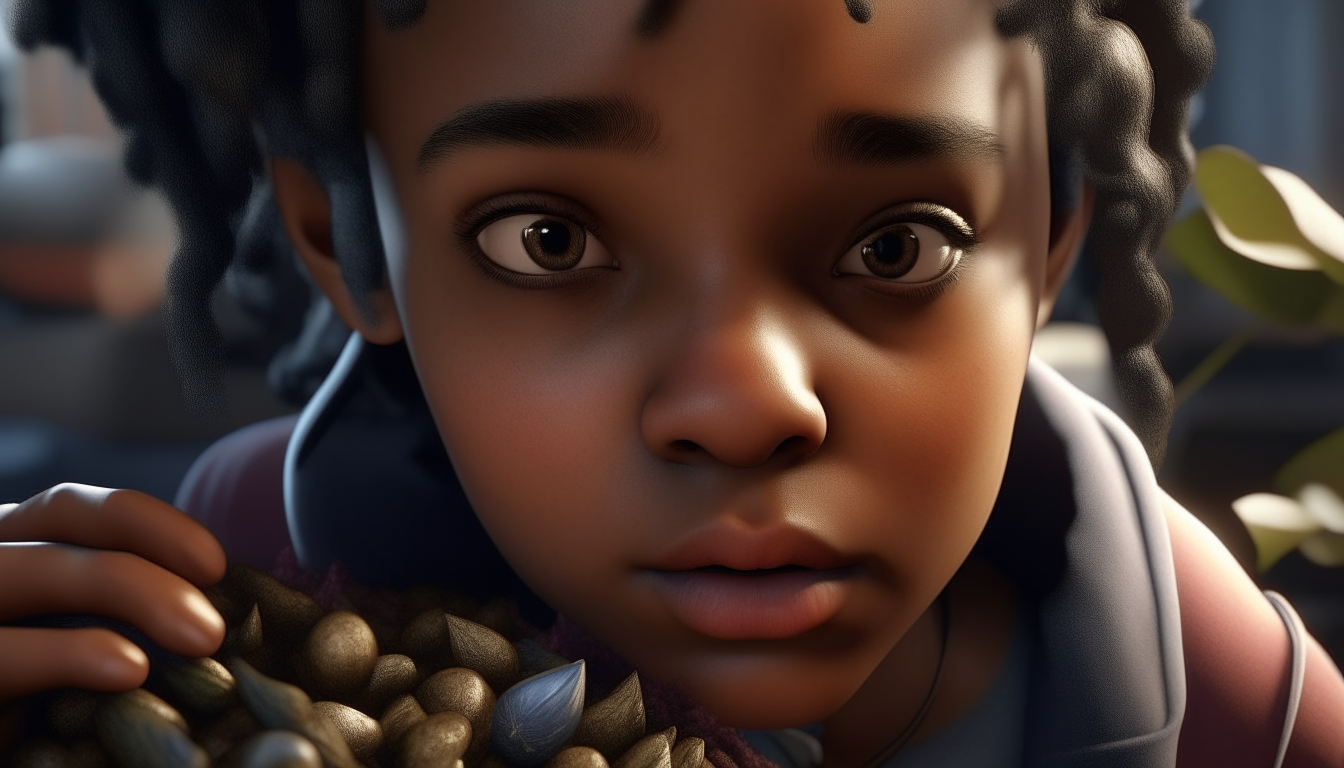 3d animation, personality: [Shift the focus to Anaya's face, portraying a mix of curiosity and doubt. Her brows are slightly furrowed as she examines her bag of seeds. The camera captures this moment of hesitation, emphasizing the challenges Anaya might face on her journey of growth and discovery.] unreal engine, hyper real --q 2 --v 5.2 --ar 16:9
