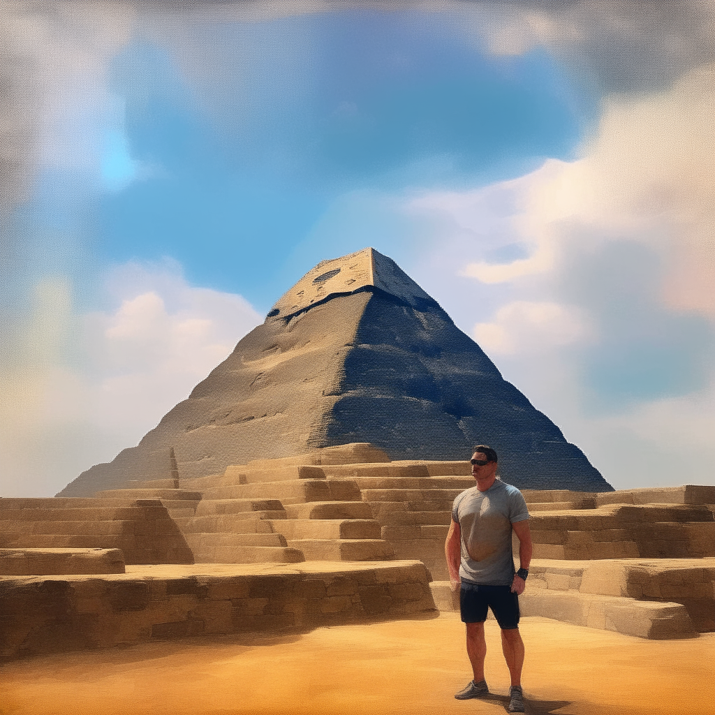 a man standing in front of a pyramid, impressionist painting style