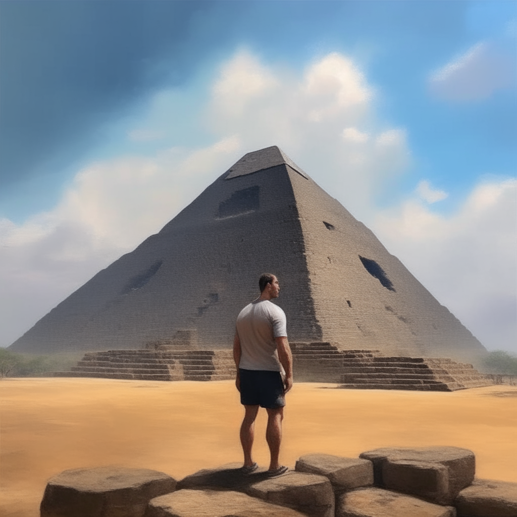 a man standing in front of a pyramid, oil painting style