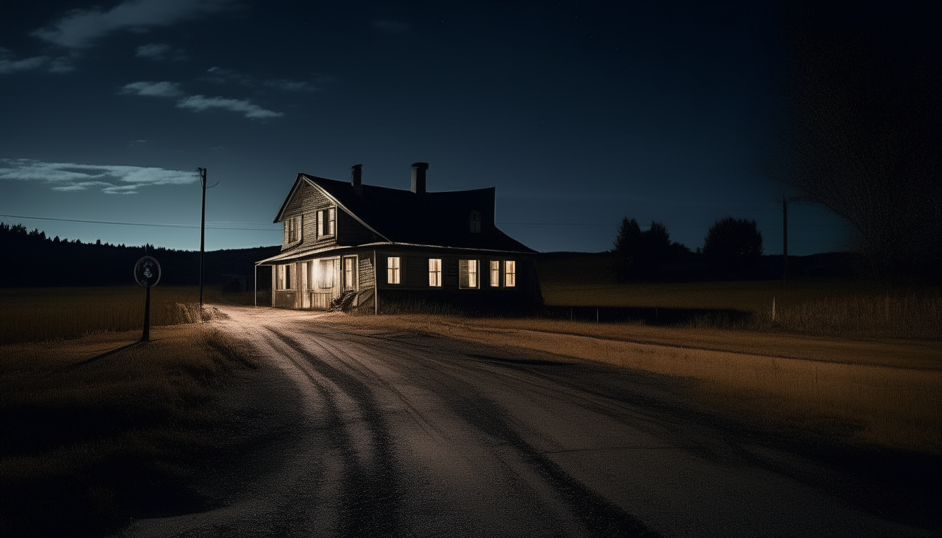 A long, dark road at night, stretching into the distance. An old, dilapidated house stands alone on one side, its windows dark and empty