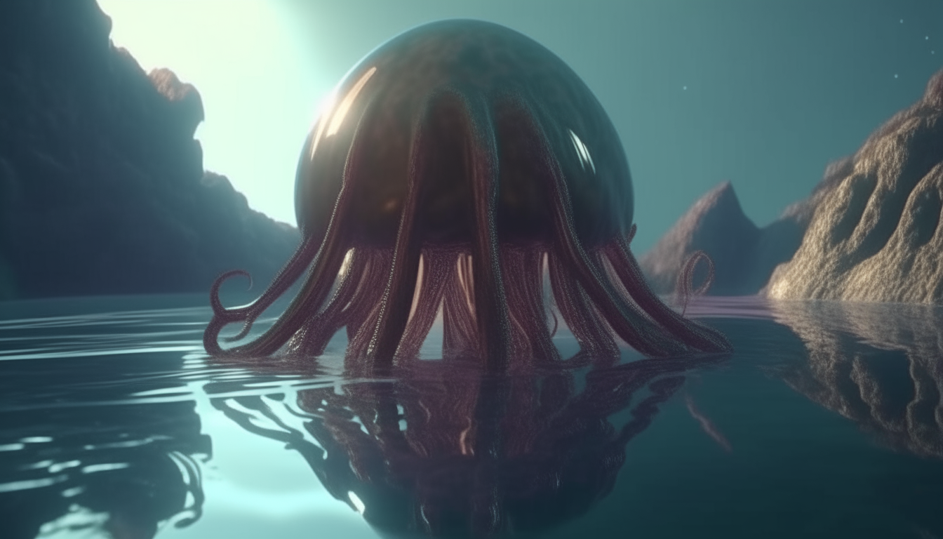 an alien life form with tentacles emerging from a reflective liquid pool on the surface of an alien planet, intricate details, sci-fi fantasy style, 4k quality