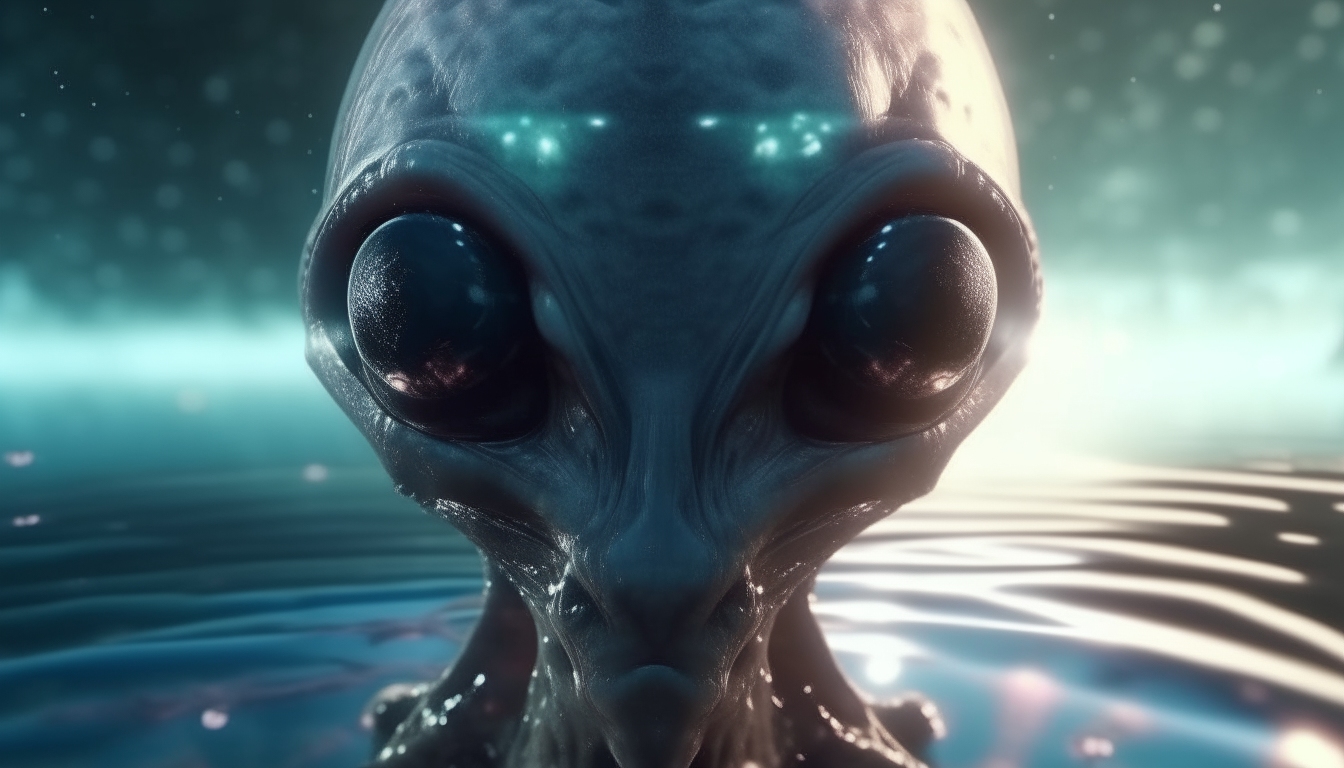 alien life form with reflective skin and eyes emerging from a liquid pool, with a cosmic sky in the background, 4K quality, photo realistic sci-fi fantasy style, 16:9 aspect ratio