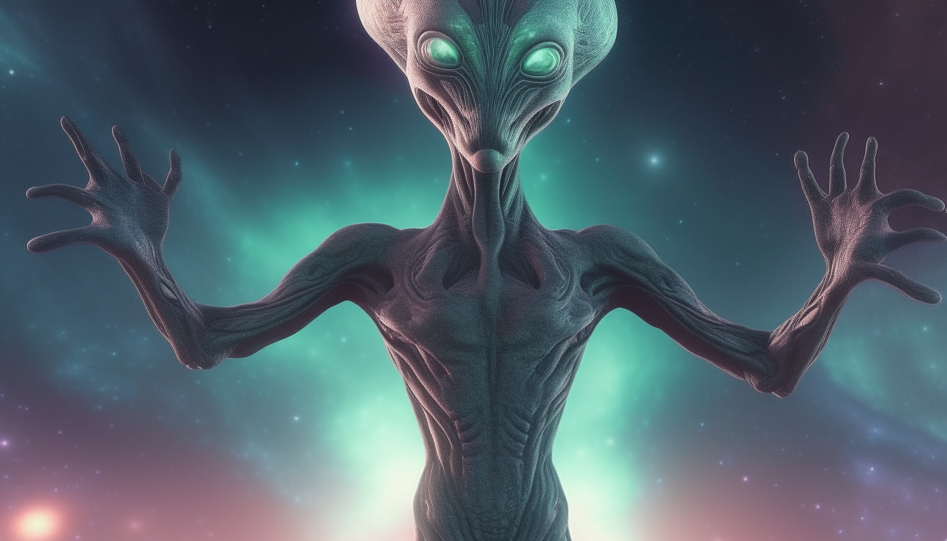 alien life form standing with arms outstretched under a cosmic sky, extremely detailed 4k photo realistic digital painting, sci-fi fantasy art style, 16:9 widescreen aspect ratio