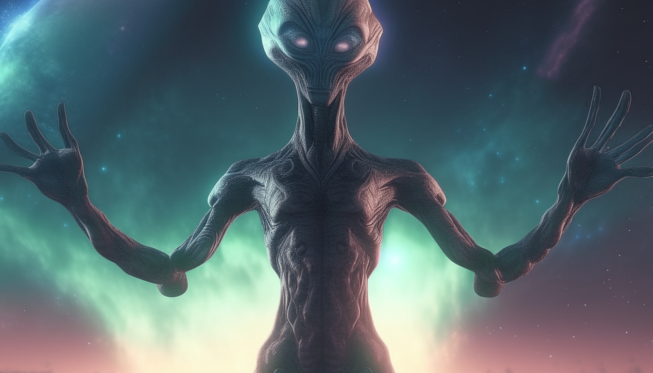 alien life form standing with arms outstretched under a cosmic sky, extremely detailed 4k photo realistic digital painting, sci-fi fantasy art style, 16:9 widescreen aspect ratio