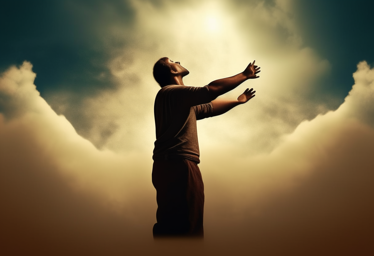 Create an image that represents a person looking to the sky for divine strength