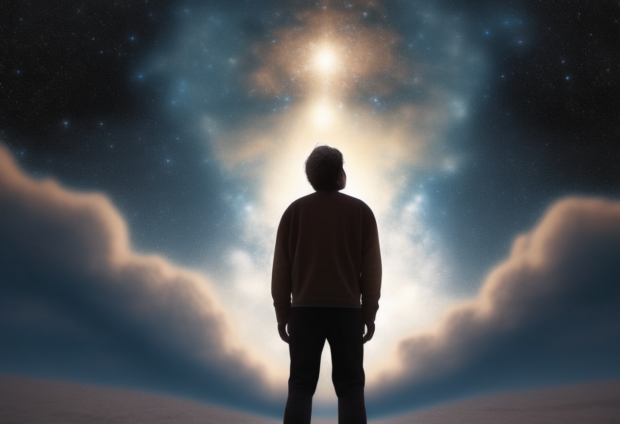 Create an image that depicts a person with his back turned to the sky in search of the divine force that stands next to the image