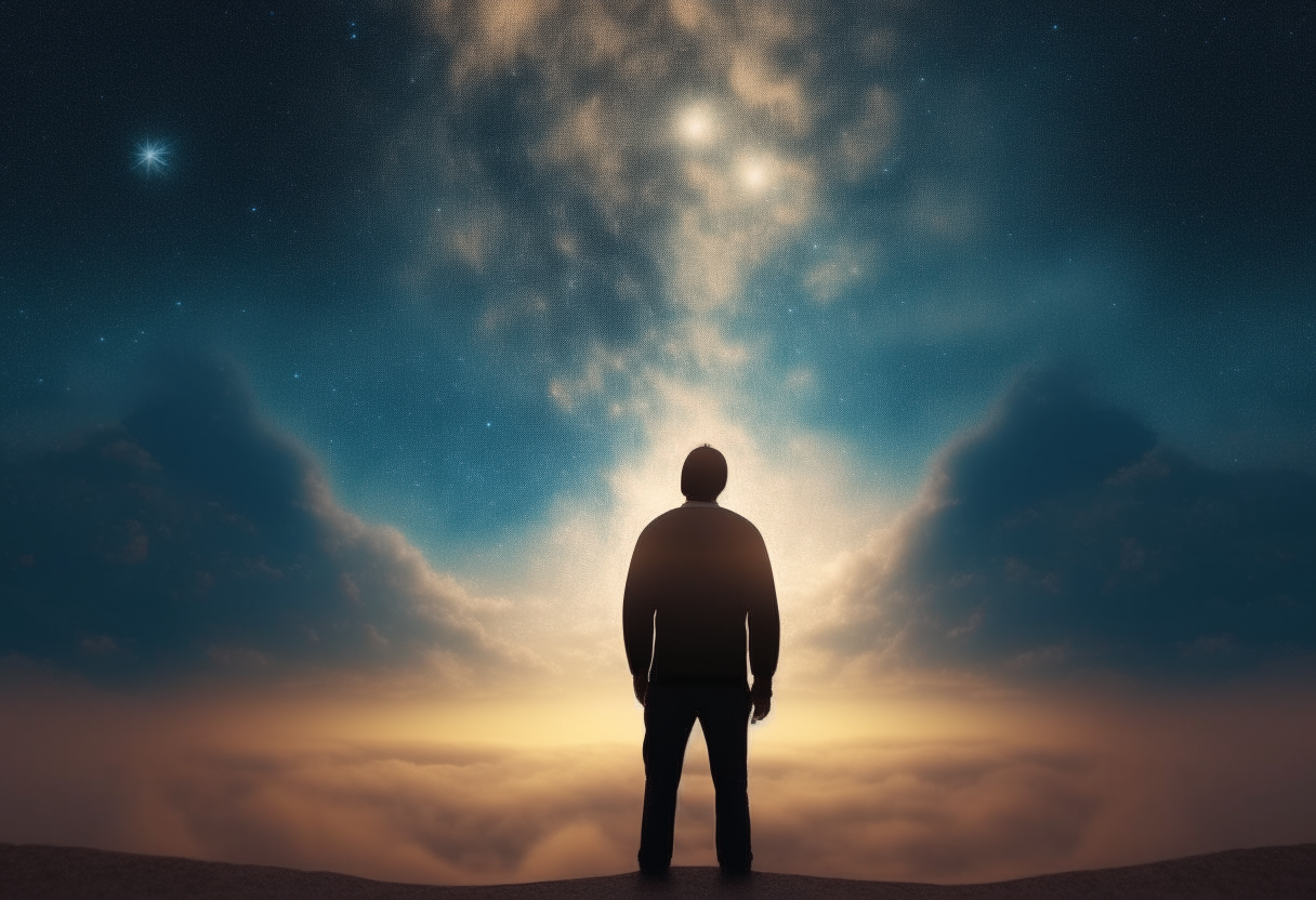 Create an image that depicts a person with his back turned to the sky on the right side in search of the divine force that is on the right side of the image