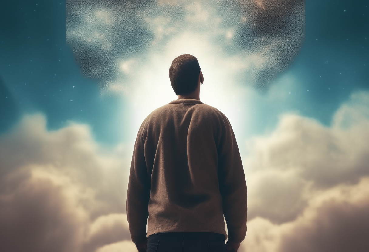 Create an image that depicts a person with his back to the right looking up at the sky for divine strength