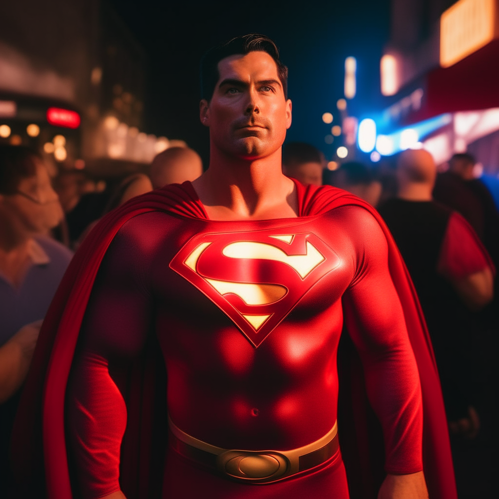 a man dressed as Superman with a very prominent glowing red 'S' symbol on his chest