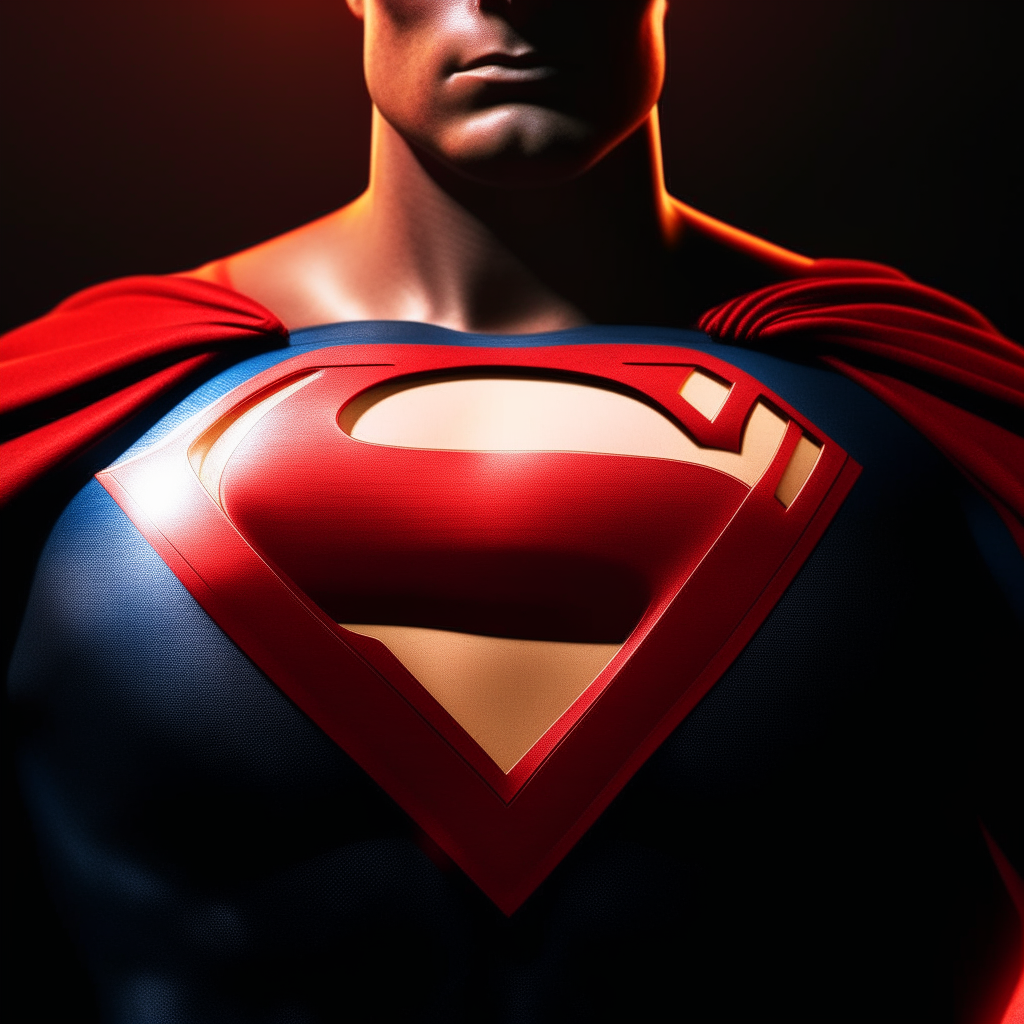 a close-up of Superman's chest showing a glowing red 'S' symbol