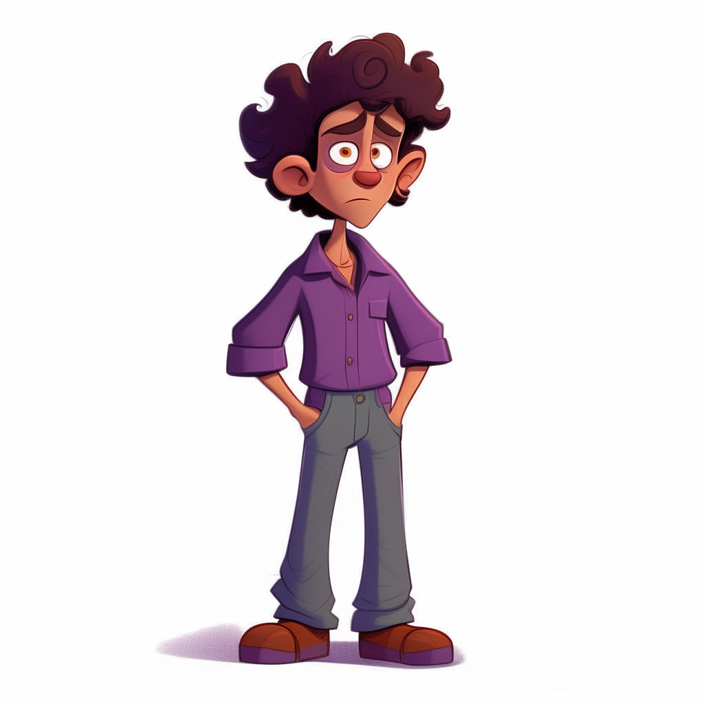 Cartoon character design, full-body view of Billy, 25, in Pixar style. Rich purple skin, curly brown hair, dynamic poses, and vibrant colors for an engaging visual narrative