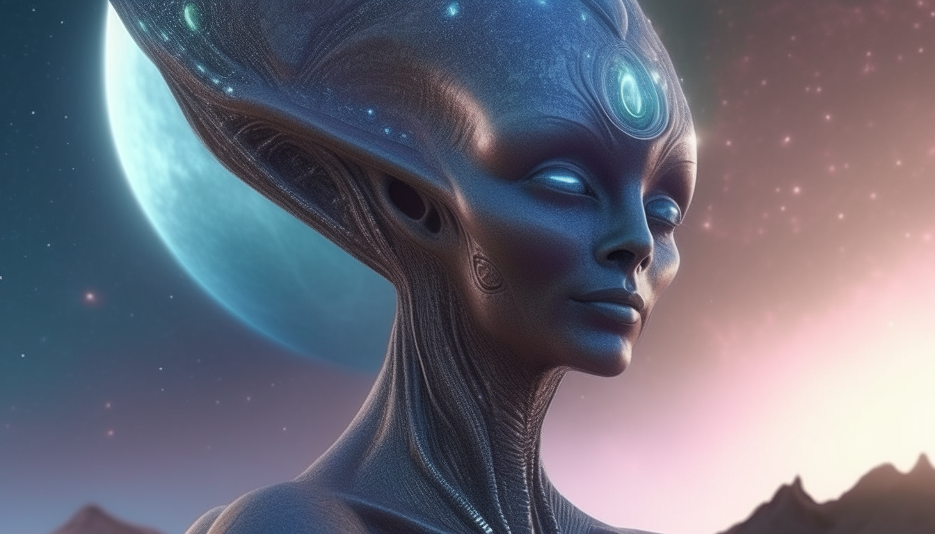 alien goddess with smooth interlocking cell skin, glowing upwards eye towards star filled galaxy, alien landscape stretches into distance, extremely detailed intricate 4k photo realistic sci fi fantasy painting