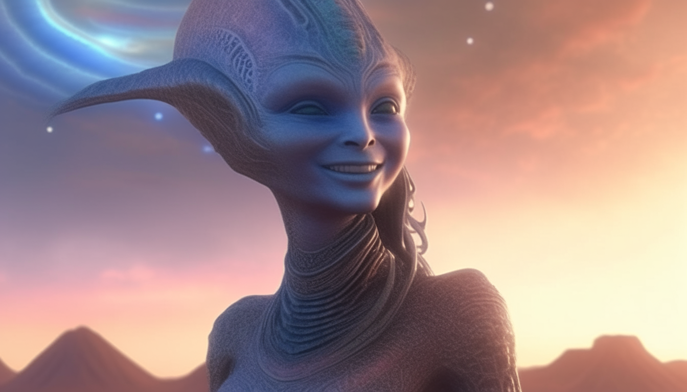 alien goddess smiling across alien landscape with cosmic universe in sky, extremely detailed intricate 4k photo realistic sci fi fantasy painting, 16:9 aspect ratio