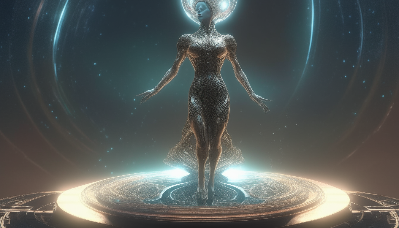 alien goddess standing on hovering metal disk in middle of universe with heavenly light beams streaking past, extremely detailed intricate 4k photo realistic sci fi fantasy painting