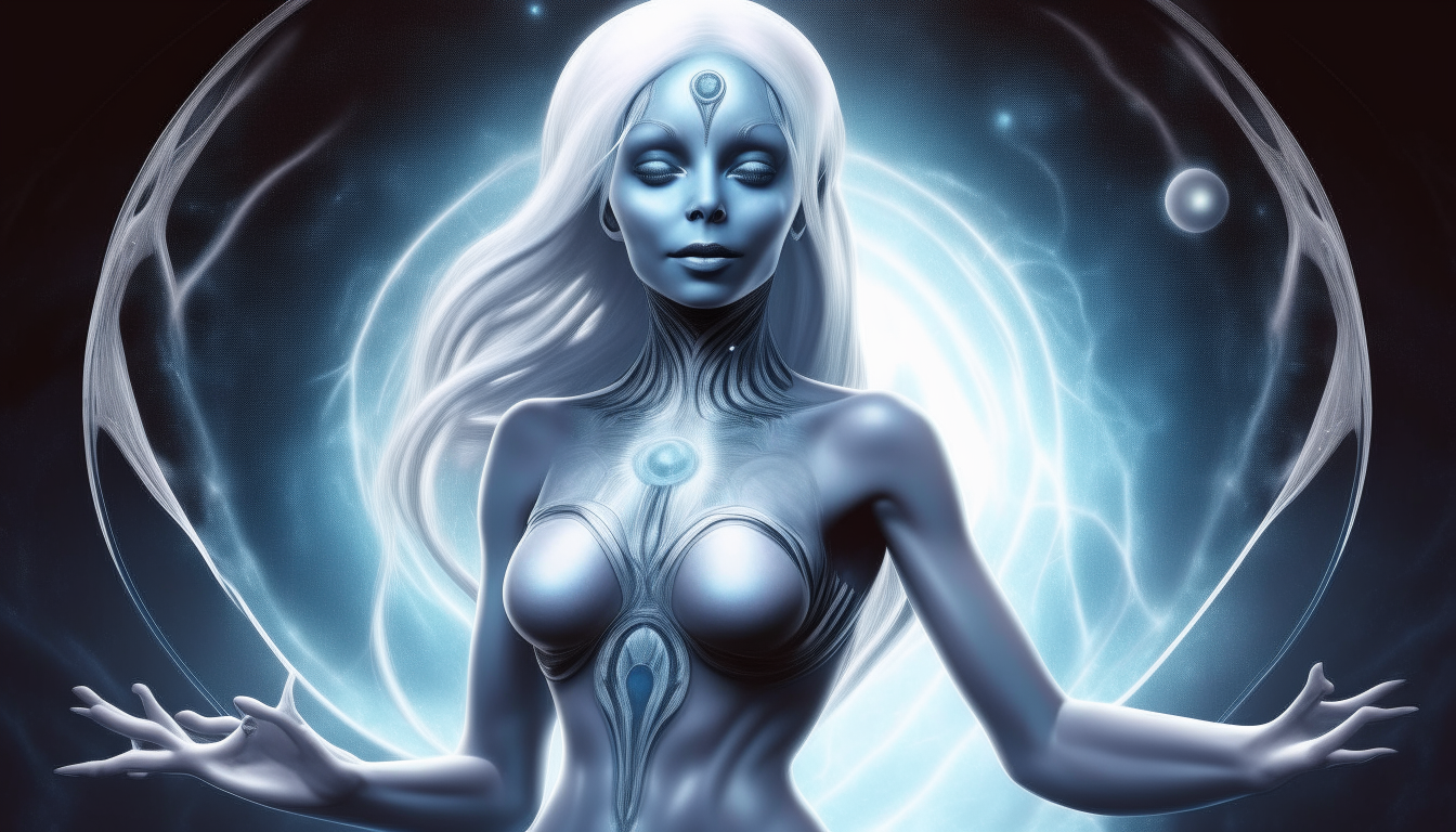 An alien goddess with blue skin and long flowing white hair, standing on a metallic silver disk hovering in outer space, with streams of light passing by in the background. Portrait photo realistic style.