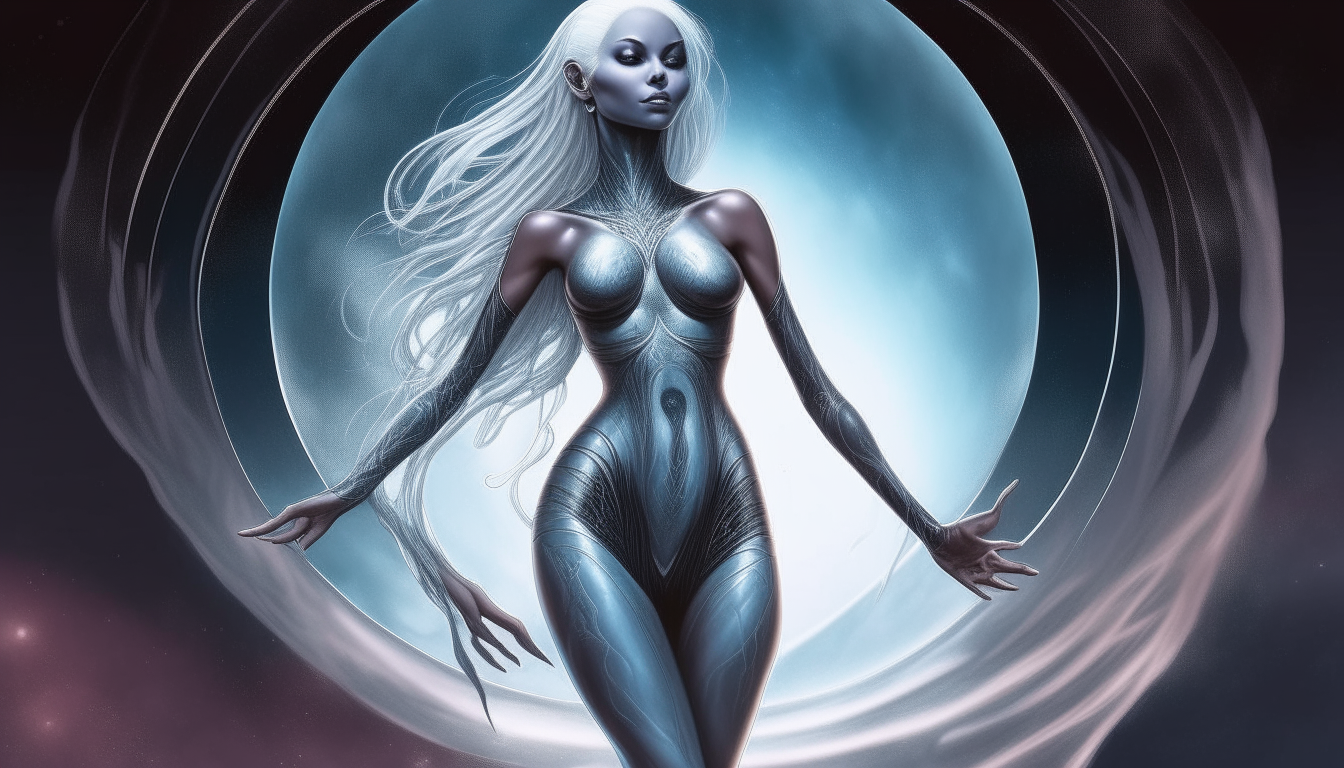 An alien goddess with blue skin, elongated limbs, and long flowing white hair, standing on a metallic silver disk hovering in outer space, with streams of light passing by in the background. Portrait photo realistic style sci-fi fantasy artwork