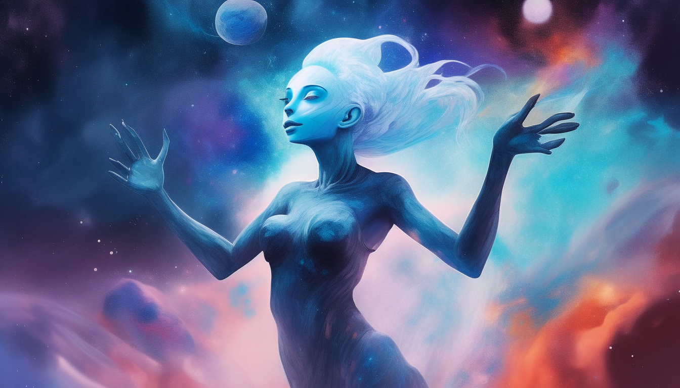 An alien goddess with blue skin and white hair dancing on a cloud of colorful space dust, with galaxies and nebulae rushing past in the starry background and strange glowing orbs approaching from the distance