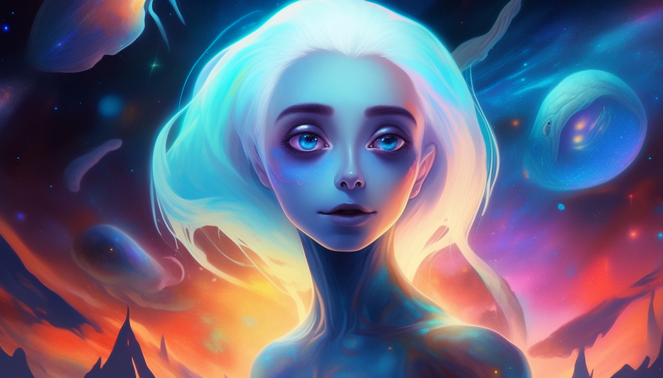 An alien goddess with blue skin and white hair, looking with wide eyes at a glowing alien lifeform hovering in front of her, as colorful space dust swirls around them in the starry void