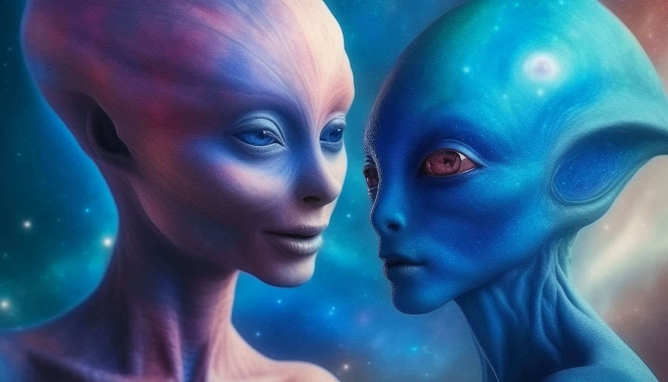 An alien goddess with blue skin and an alien lifeform with large eyes hovering closely, looking at each other as colorful space dust settles onto their skin, portrait photo realistic style