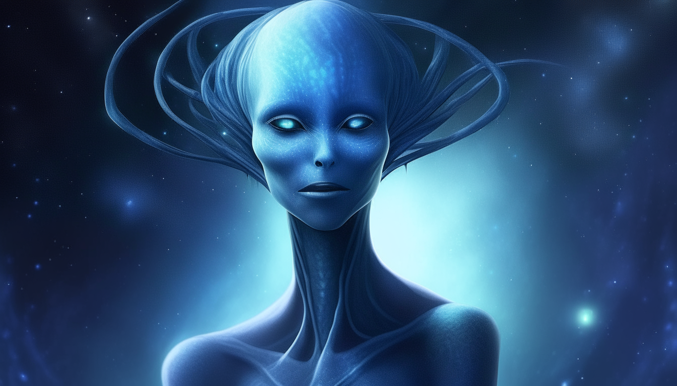 An alien goddess with blue skin, as an alien lifeform with long tendrils wrapped around her, with a starry void background