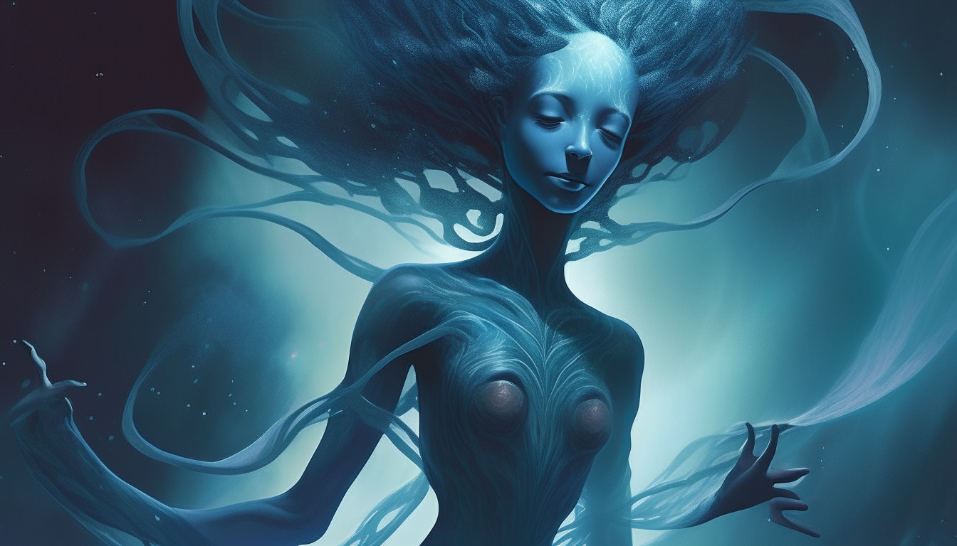 An alien goddess with blue skin hovering in space, as an alien lifeform with long flowing tendrils wraps around her