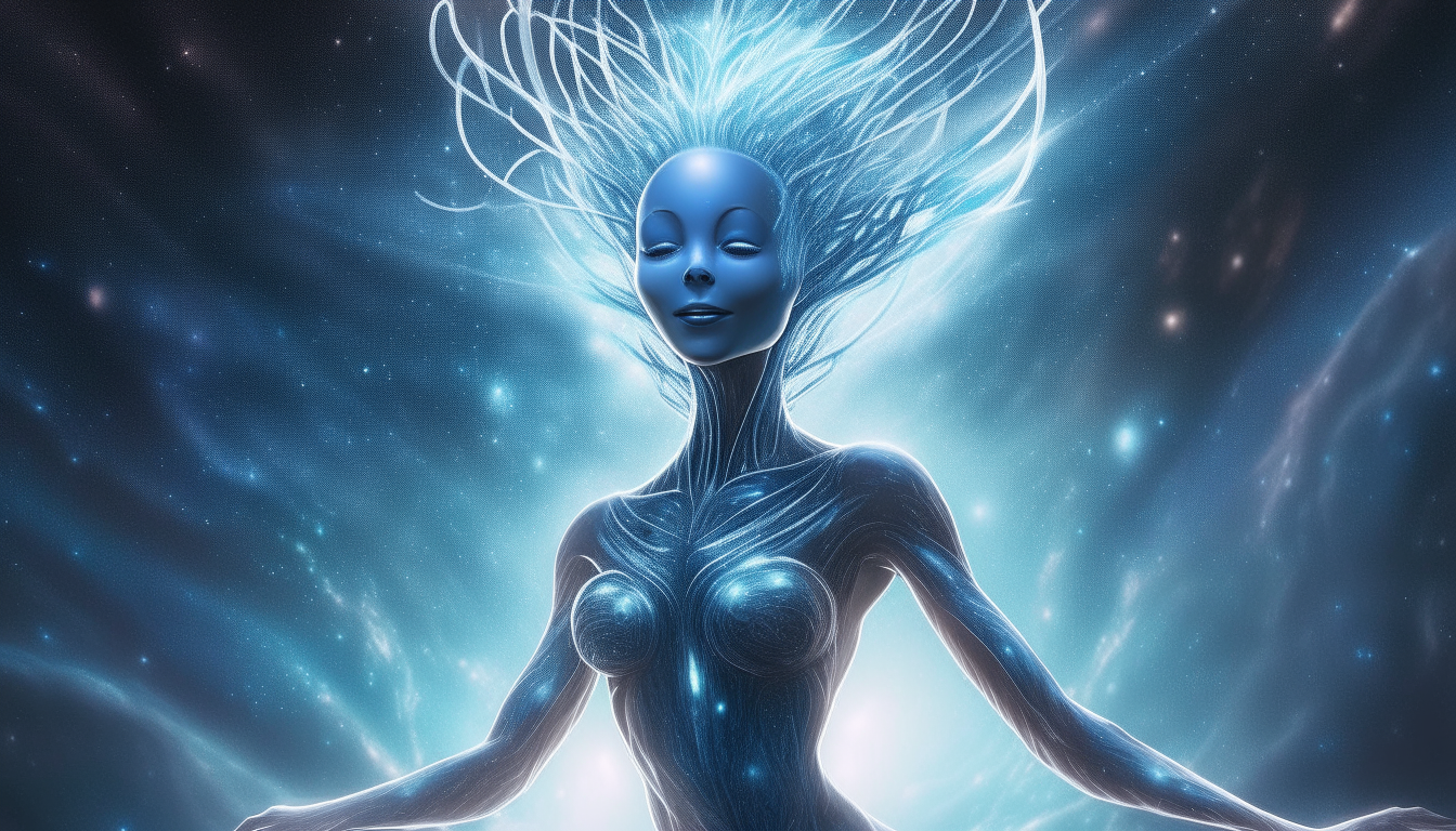 An alien goddess with blue skin hovering in space, as an alien lifeform with long tendrils wraps around her, with beams of heavenly light piercing through the cosmic sky in the background