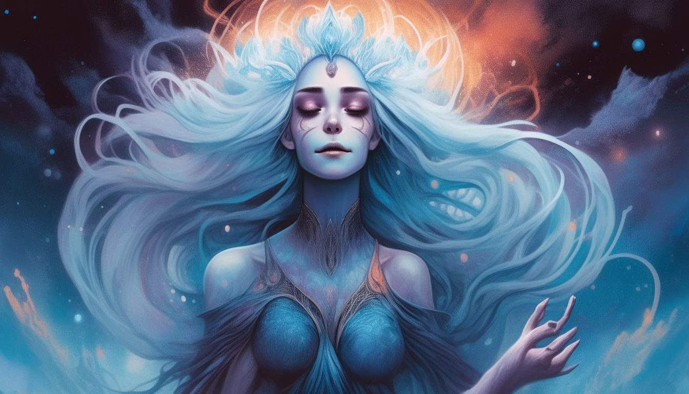 An alien goddess with blue skin, long white hair, and cosmic crown tendrils reaching outwards, with swirling clouds of colorful space dust surrounding her