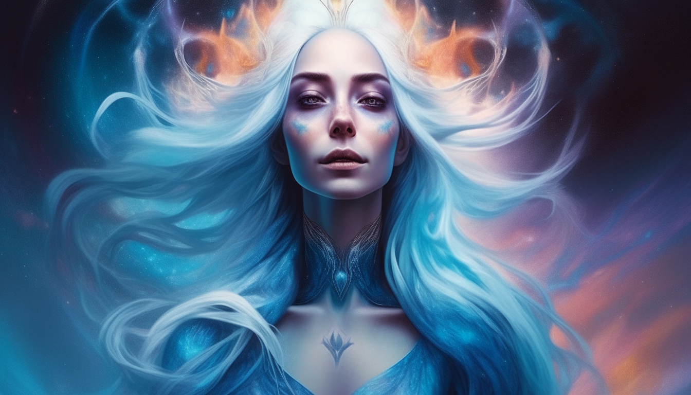 An alien goddess with blue skin, long white hair, and cosmic crown tendrils reaching outwards into space, with colorful swirling clouds of space dust surrounding her, portrait