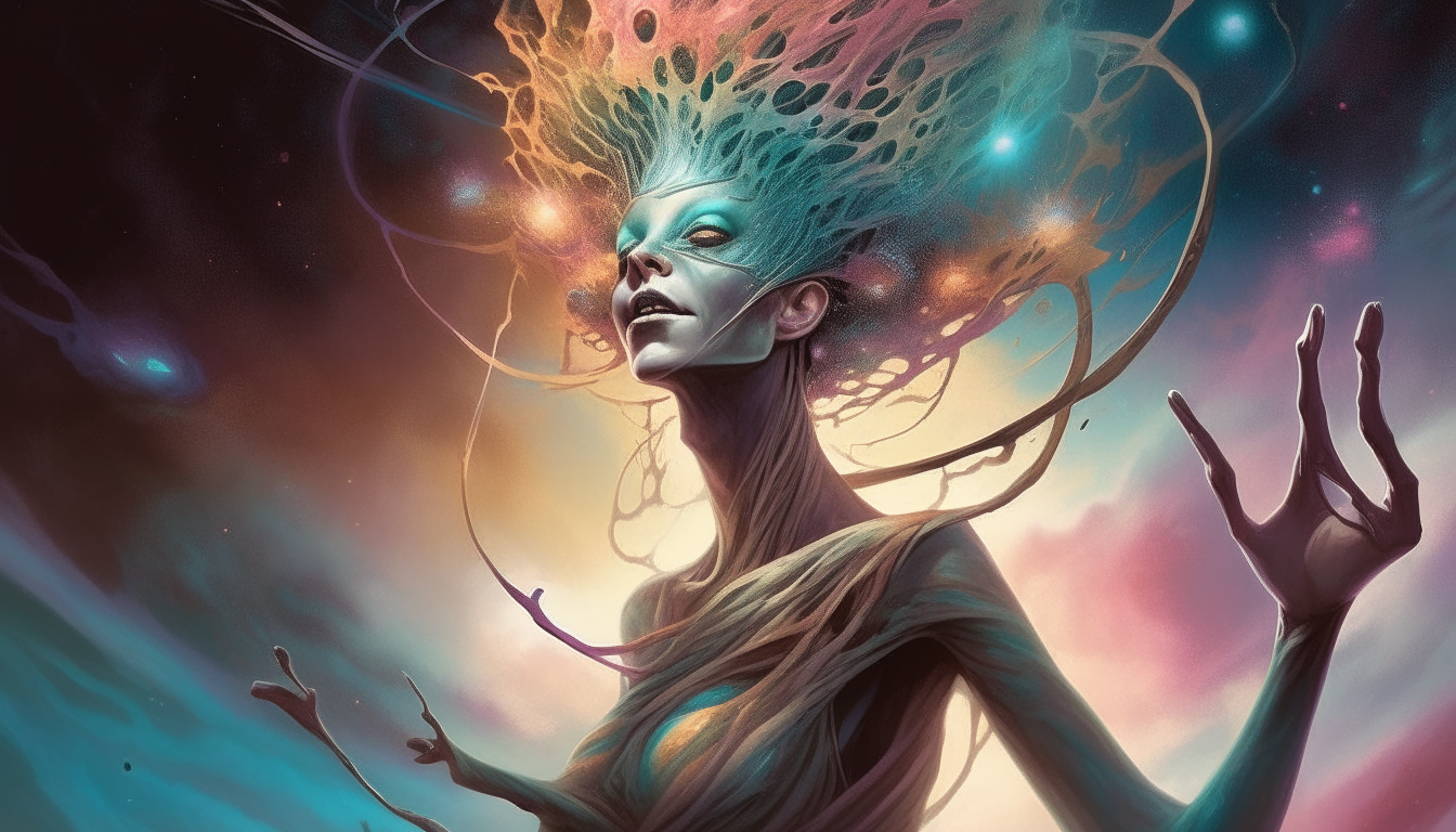 An alien goddess with elongated limbs, spikes on her head and sharp teeth visible, tendrils reaching outwards into space, with colorful swirling clouds of space dust surrounding her, portrait