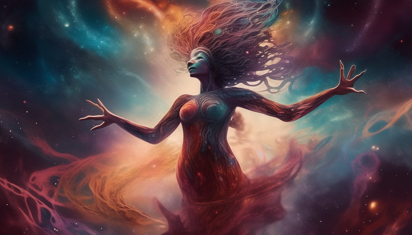 An alien goddess floating in space, arms and tendrils outstretched, surrounded by swirling colorful clouds of cosmic dust