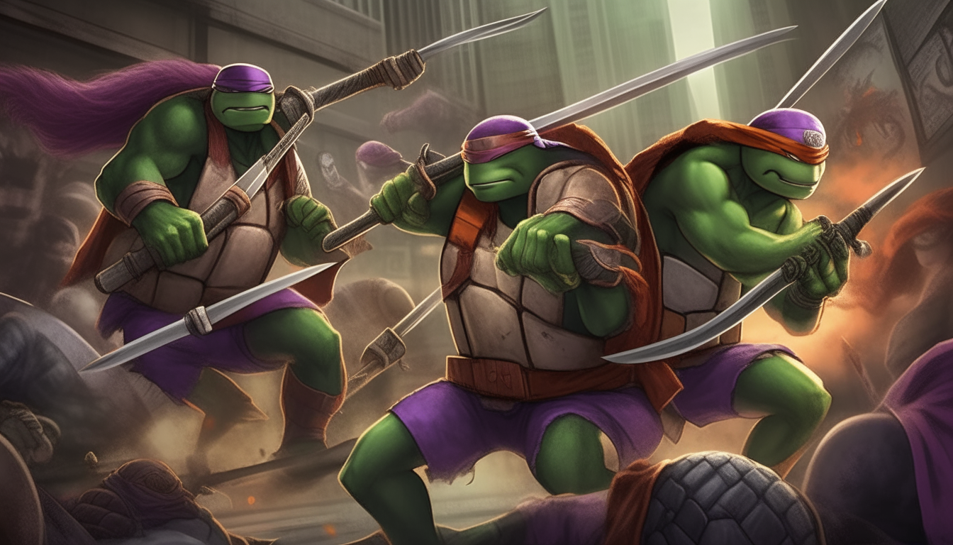 The Teenage Mutant Ninja Turtles are battling their enemy Shredder in New York City. Michelangelo, Donatello, Leonardo and Raphael are using their ninja skills and weapons to fight Shredder, who is wearing his armor and wielding twin katanas.