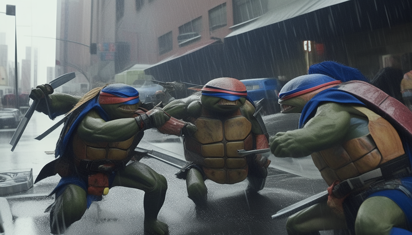 Teenage Mutant Ninja Turtles Leonardo, Donatello, Michelangelo and Raphael fighting the villainous robot Schneider in New York City
