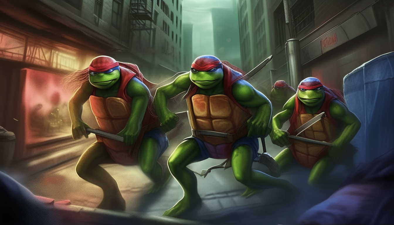 The Teenage Mutant Ninja Turtles - Leonardo, Donatello, Michelangelo and Raphael - sneak through the sewers on an undercover mission to save New York City