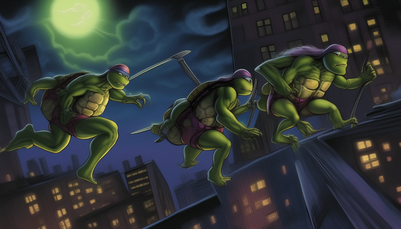 The Teenage Mutant Ninja Turtles leap across rooftops on a moonlit night, on the trail of their latest enemy. Leonardo leads the way, with Raphael, Donatello and Michelangelo following close behind.