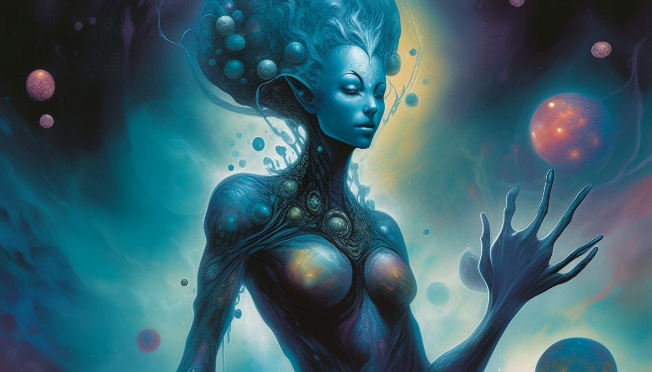 An alien goddess with blue skin and orbs around her morphing into tendril beings, as colorful space dust clouds drift upwards