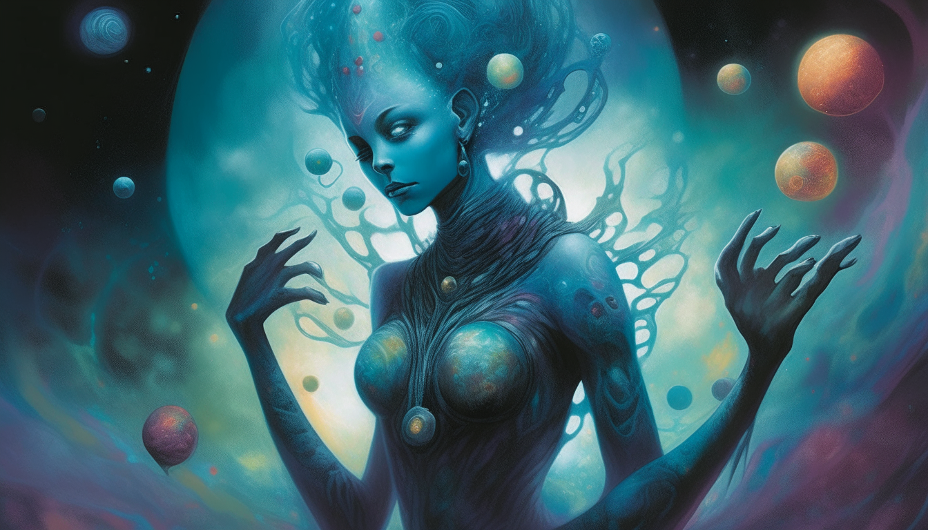 An alien goddess with blue skin and orbs around her morphing into tendril beings, as colorful space dust clouds drift upwards