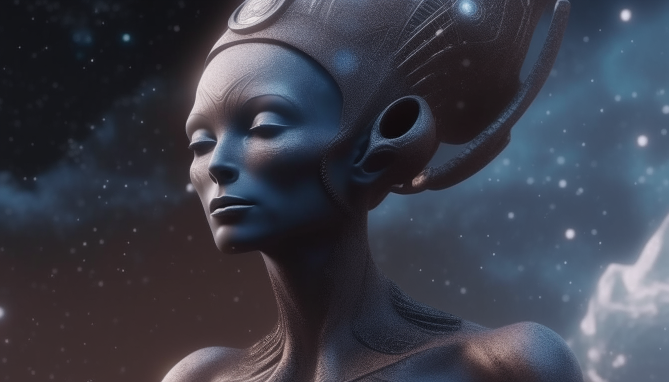 an alien looking goddess with intricate details against a background of cosmic space dust clouds, dark sci-fi fantasy style, 4k quality