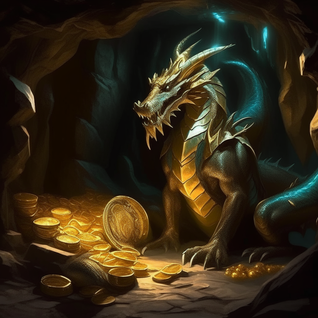 A powerful Western dragon guarding its hoard of gold and treasure in a dark cave, its eyes glowing in the shadows